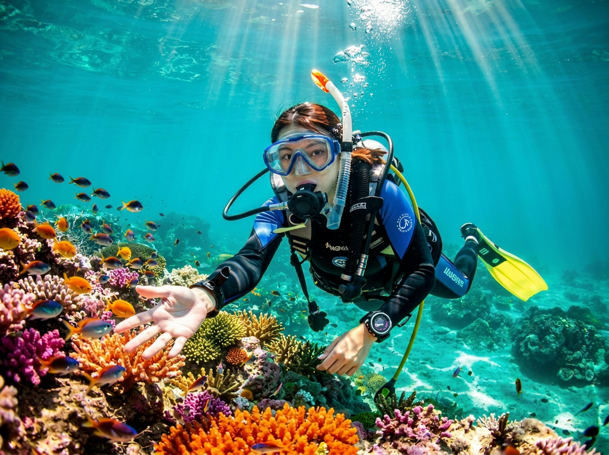 インストラクターのサポートで安心して海を泳ぐ様子