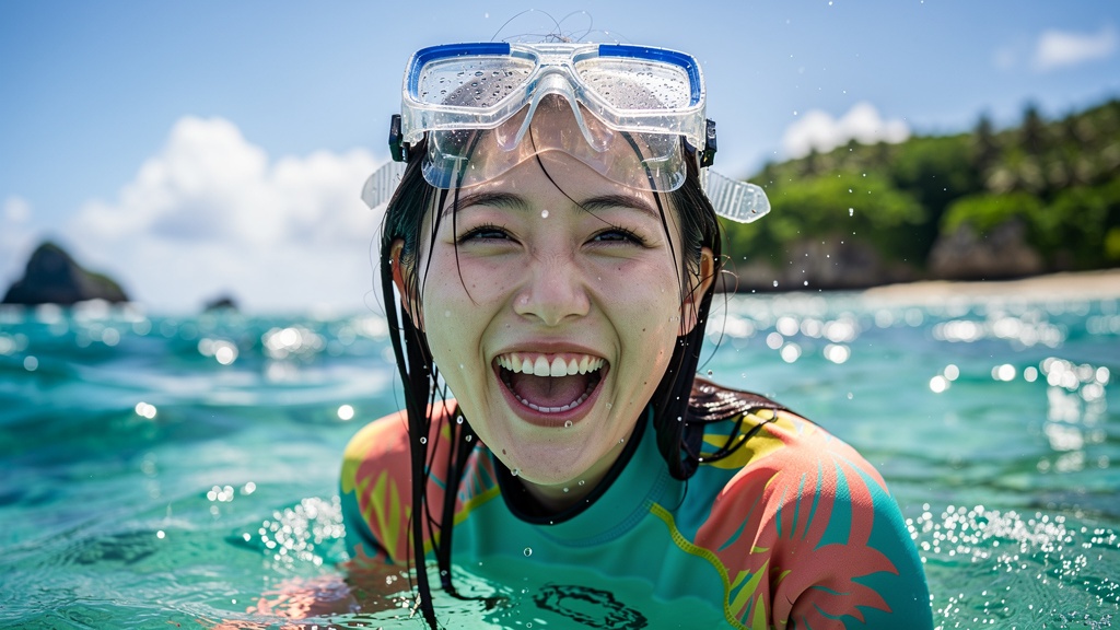 ダイビング後に満面の笑みで水面に上がってくる20代女性